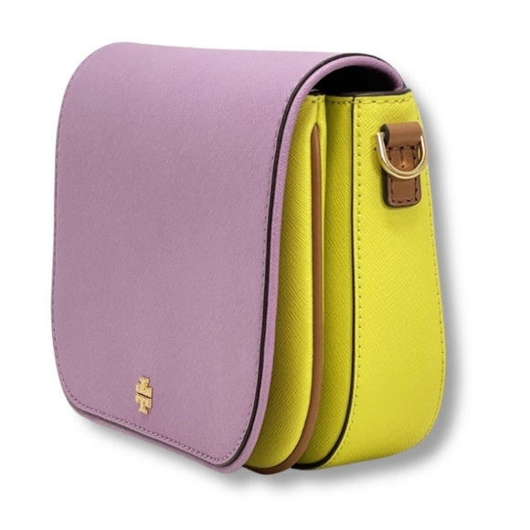 Tory Burch Emerson Color Block Safiiano Leather Crossbody Bag purple/yellow NWOT - Picture 2 of 4